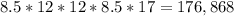 8.5 * 12 * 12 *8.5 * 17 = 176,868