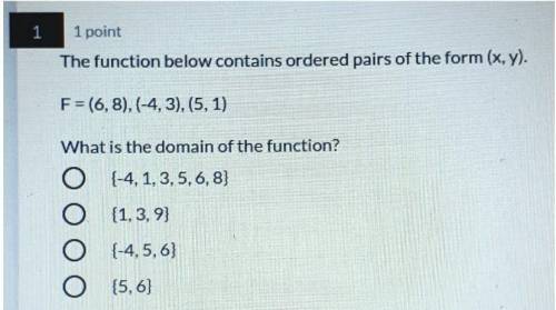 Please help!!

The function below contains ordered pairs of the form (x,y) F = (6,8), (-4,3), (5,1