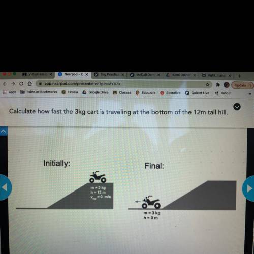 Calculate how fast the 3kg cart is traveling at the bottom of the 12m tall hill.