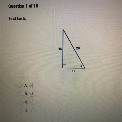 Find tan 0
16
20
12
A.
19
B.
D.
20