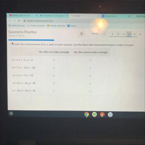 Consider the measurements of m, n, and p in each scenario. Can the three side measurements given cr