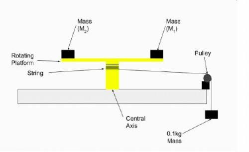 A string is wrapped around the central axis of a platform that's free to rotate. A 100g mass attach