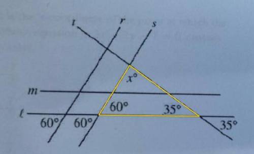 In the figure above, if l ll m and r ll s, what is the value of x?

A) 65
B) 80
C) 85
D) 95
E) 115