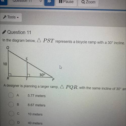 A designer is planning a larger ramp, A PQR, with the same incline of 30° and a height of 10 meters