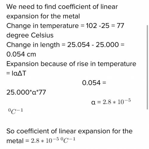 A metal rod is 25.000 cm long at 25.0 degrees Celsius. When heated to 102.0 degrees Celsius, it is 2