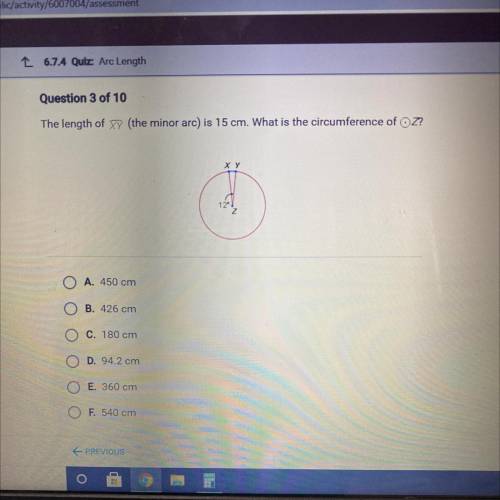 + 6.7.4 Quiz: Are Length

Question 3 of 10
The length of the minor arc) is 15 cm. What is the circ