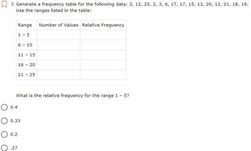 Generate a frequency table for the following data: 3, 12, 25, 2, 3, 6, 17, 17, 15, 13, 20, 12, 21,
