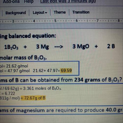 How many grams of magnesium are required to produce 40.0 grams of boron?