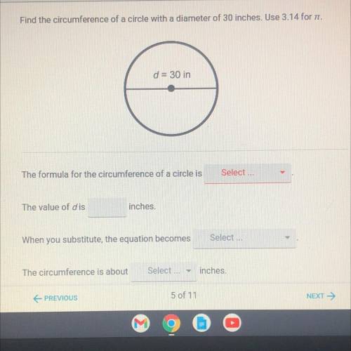 Find the circumference of a circle with a diameter of 30 inches. Use 3.14 for pi