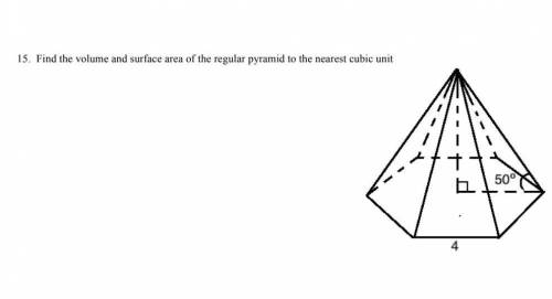 Find the volume and surface area of the regular pyramid to the nearest cubic unit.​