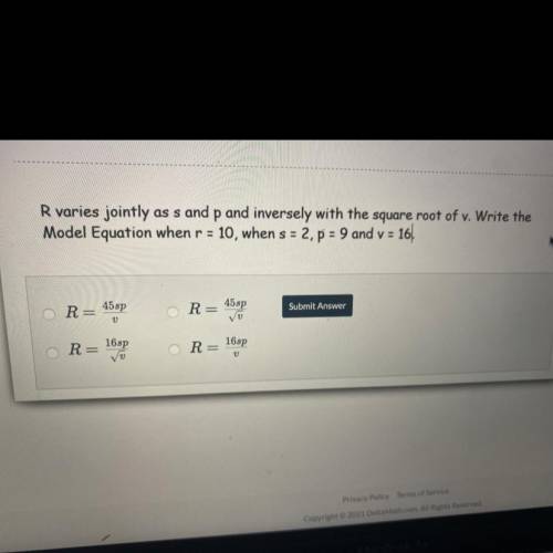 R varies jointly as s and p and inversely with the square root of v. Write the model equation