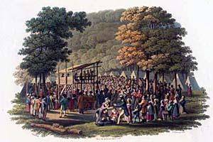 Camp meetings, like the one in the picture above, were thought to inspire which of the following?