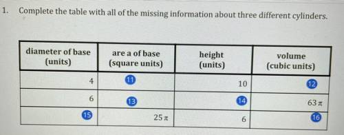 1. Complete the table with all of the missing information about three different cylinders.