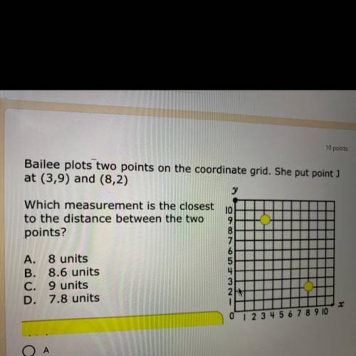 Bailee plots two points on the coordinate grid. She put point J at (3,9) and (8,2)