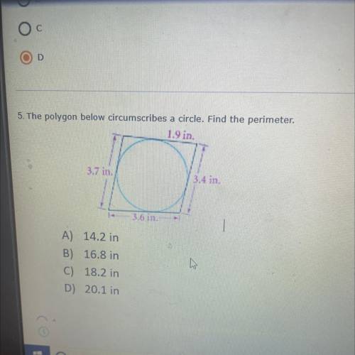 Find the perimeter.
A) 14.2 in
B) 16.8 in
C) 18.2 in
D) 20.1 in