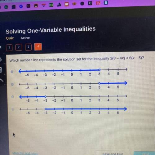 Which number line represents the solution set for the inequality 3(8 - 4x) < 6(x - 5)
