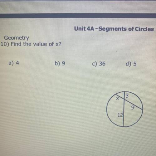 Find the value of x 
A. 4 
B. 9 
C. 36
D. 5