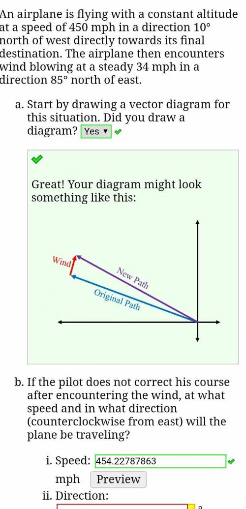 An airplane is flying with a constant altitude at a speed of 450 mph in a direction 10° north of we