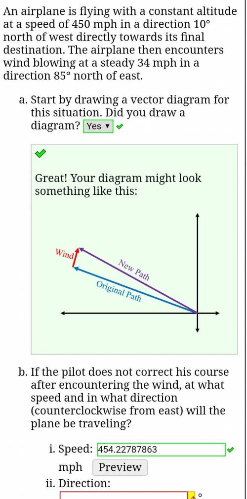 An airplane is flying with a constant altitude at a speed of 450 mph in a direction 10° north of we