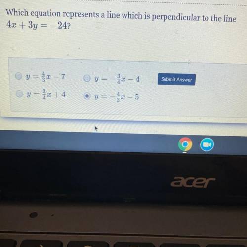 Which equation represents a line which is perpendicular to the line 4x + 3y = - 24 ?