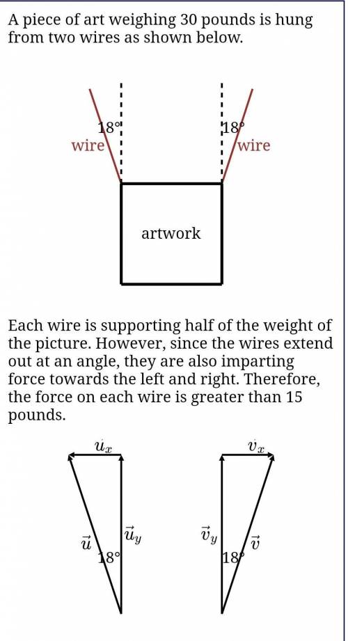 A piece of art weighing 30 pounds is hung from two wires as shown below. Each wire is supporting ha