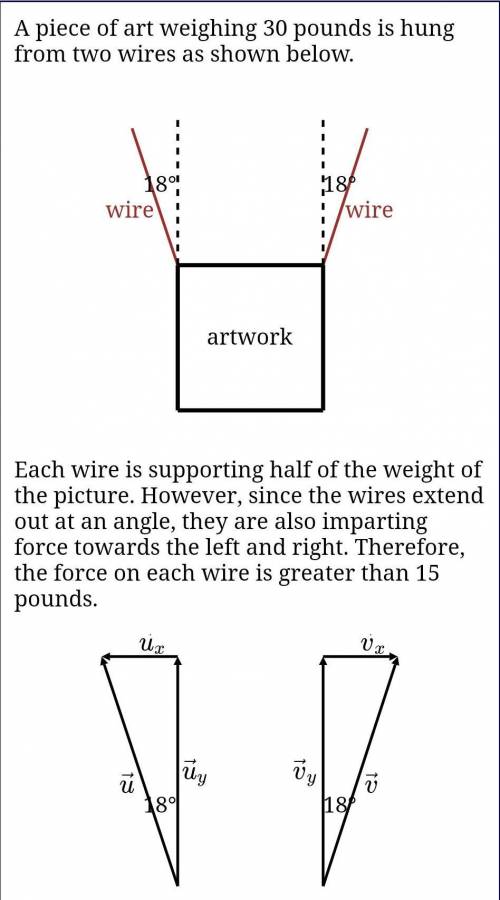 A piece of art weighing 30 pounds is hung from two wires as shown below. Each wire is supporting ha