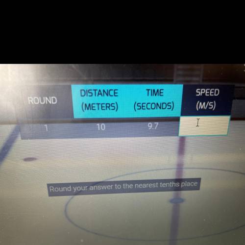 ROUND

DISTANCE
(METERS)
TIME
(SECONDS)
SPEED
(M/S)
10
9.7
I
Round your answer to the nearest tent