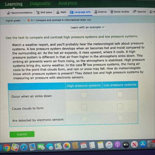 Use the text to compare and contrast high pressure systems and low pressure systems.

Watch a weat