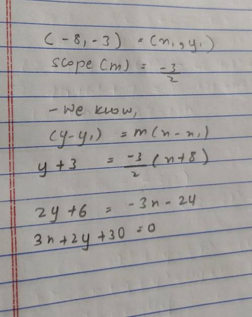 A line passes through the point (-8, -3) and has a slope of -3/2

Write an equation in slope-interc