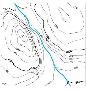 Describe the features shown in the topographic map. Be specific about directions and elevations. Ex