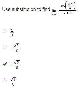 Use substitution to find Limit of StartStartFraction cosine (StartFraction pi x Over 4 EndFraction)