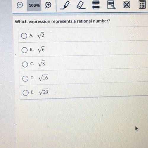 Which expression represents a rational number?

O A 82
Ов.
B. 6
c. v8
OD. V16
ОЕ.
V 20