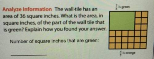 Is green

O
Analyze Information The wall tile has an
area of 36 square inches. What is the area, i