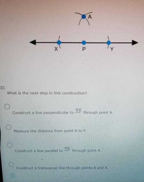 Plz help

What is the next step in this construction?A. construct a line perpendicular to x p thro