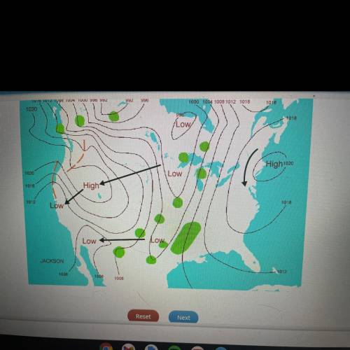 Select the correct location on the image.

A weather map shows contrasting systems of low pressure