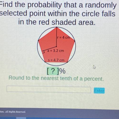 Find the probability that a randomly

selected point within the circle falls
in the red shaded are