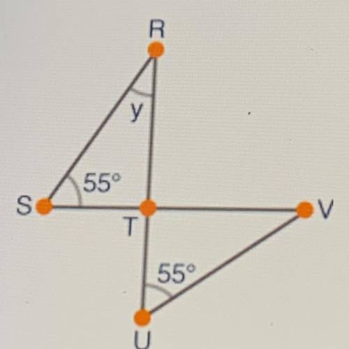 The image shown has two triangles sharing a vertex:

 
R
55
S
55
U
What is the measure of _TVU, and