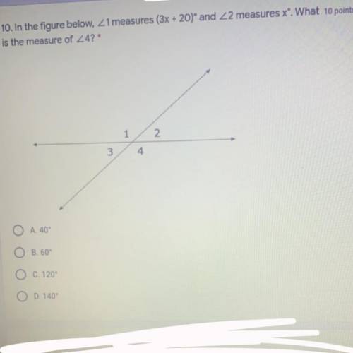 In the figure below, <1 measures (3x+20) and <2 measures x. what is the measure of <4?