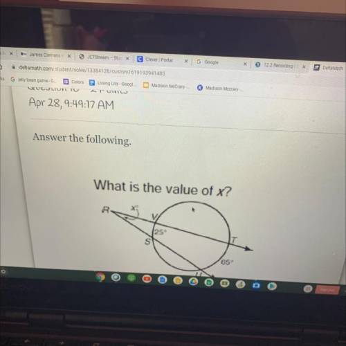 What is the value of x?
R
25
S
65°