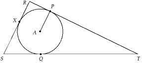 Given: ΔRST is circumscribed about circle A.

m ∠APT= _____°
less than 90°
90°
180°
45°