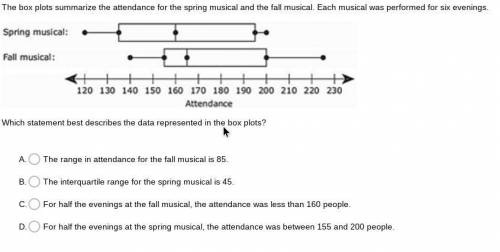 Help! The box plots summarize the attendance for the spring musical and the fall musical. Each musi