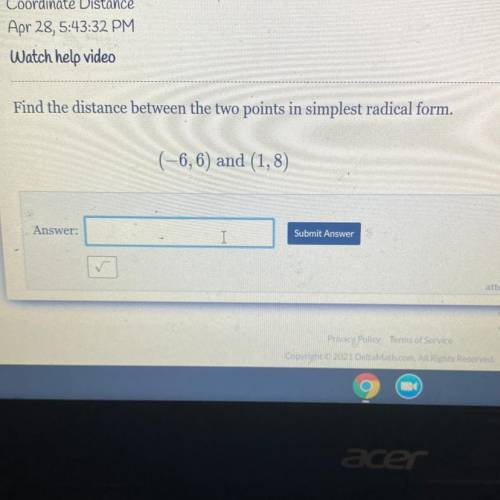 Find the distance between the two points in simplest radical form . (- 6, 6) and (1, 8)