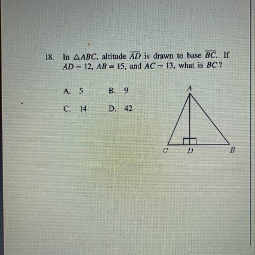 If AD=12, AB=15, and AC=13, what is BC