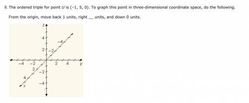 Question: The ordered triple for point U is (–1, 5, 0). To graph this point in three-dimensional co