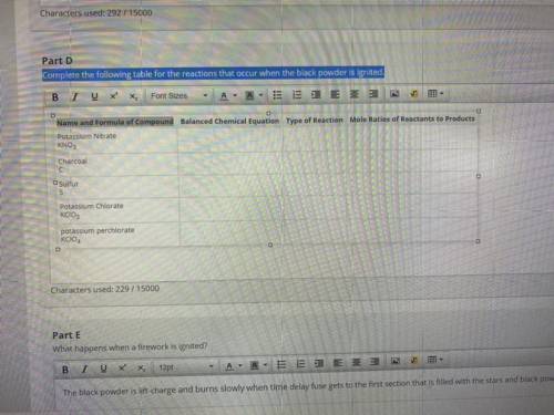 Complete the following table for the reactions that occur when the black powder is ignited?
