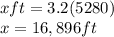 xft=3.2(5280)\\x=16,896ft