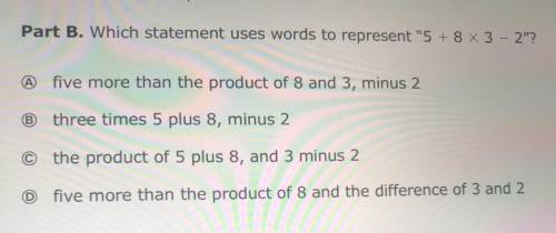 Which statement uses words to represent 5+8x3-2