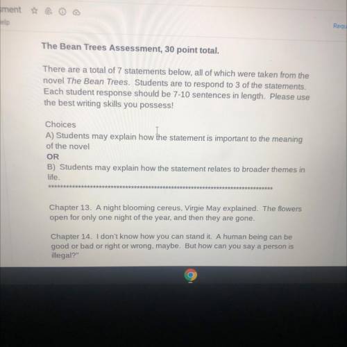 The bean trees assessment respond to 3 statements with 7-10 sentences