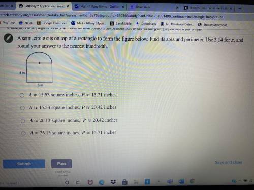 A semi circle sits on top of a rectangle to form the figure below. Find it’s area and perimeter. Us