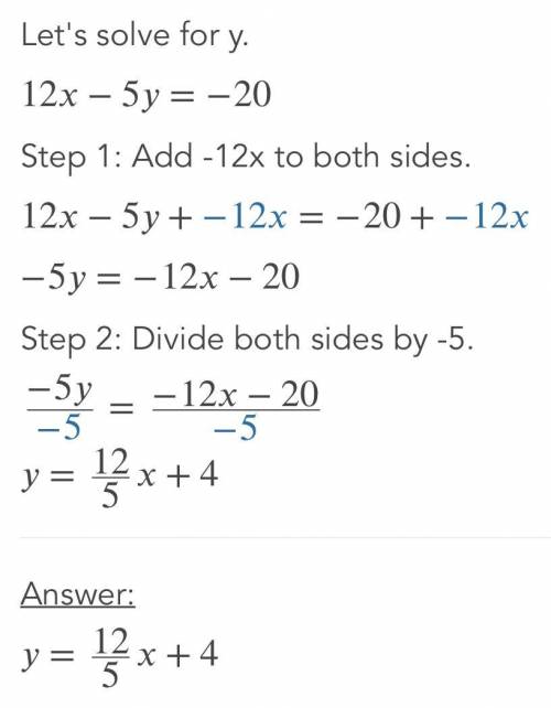 Solve the system of equations.
12x-5y = -20
y =x+4